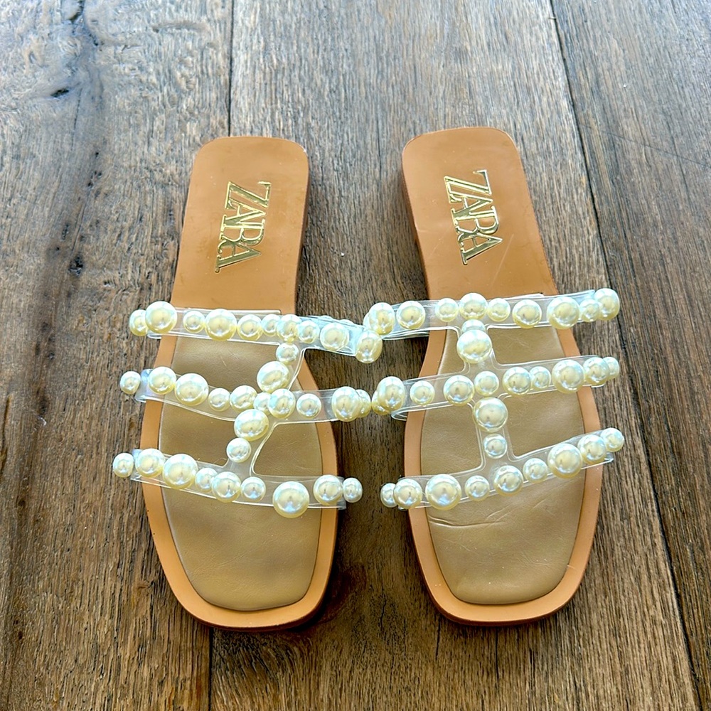 Zara Pearl Embellished Tan Sandals
